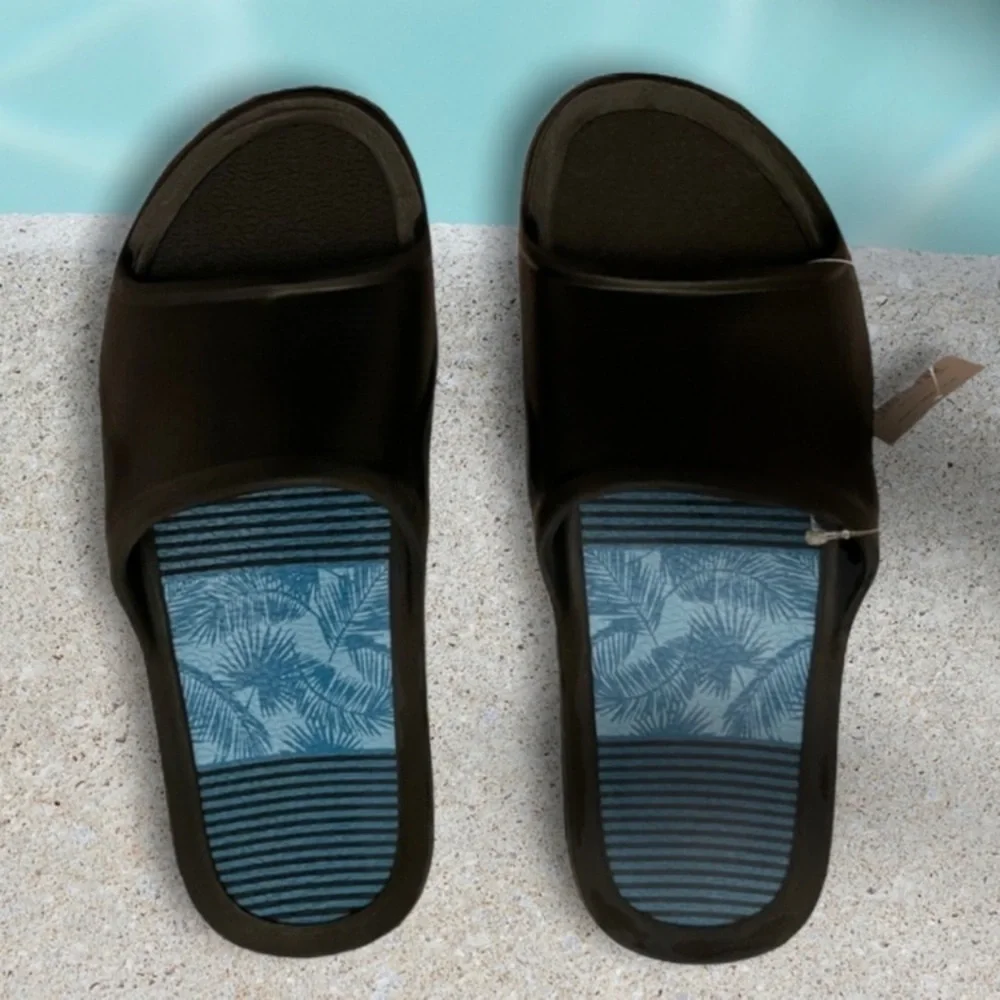 Black Rubber Slip On Sandal Smooth Comfort Cushion Insole Grip Outer Sole Mens 9
